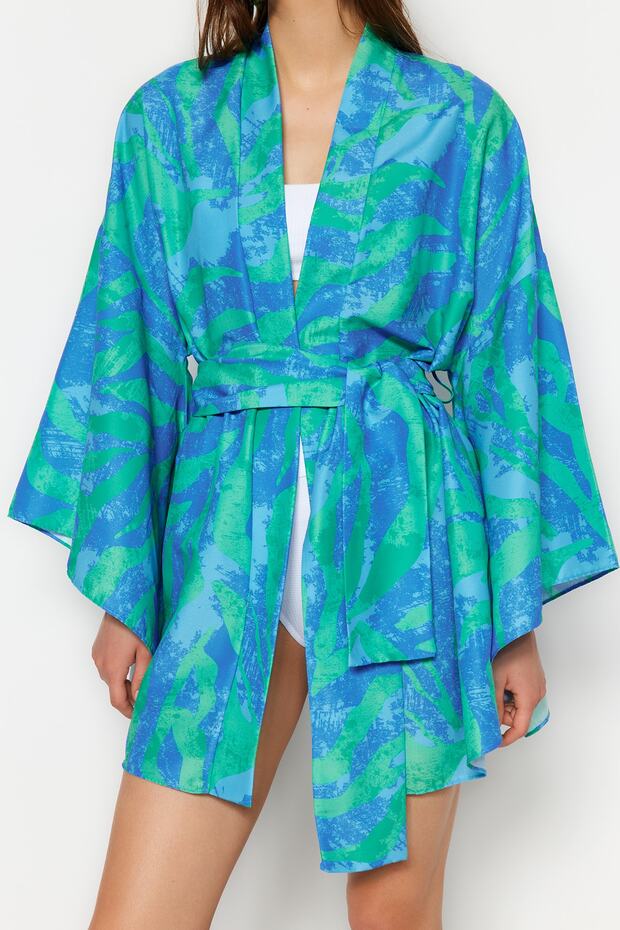 Abstract-Patterned Woven Beach Kimono & Kaftan with Mini Sash