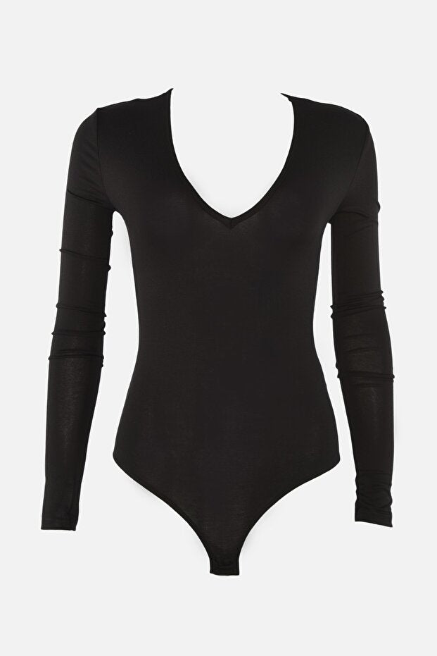Black Deep V-Neck Knitted Bodysuit with Snaps
