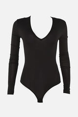 Black Deep V-Neck Knitted Bodysuit with Snaps