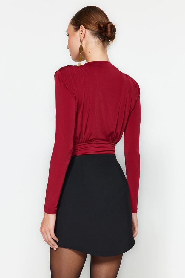 Burgundy Ruched Snap-Button Knit Bodysuit