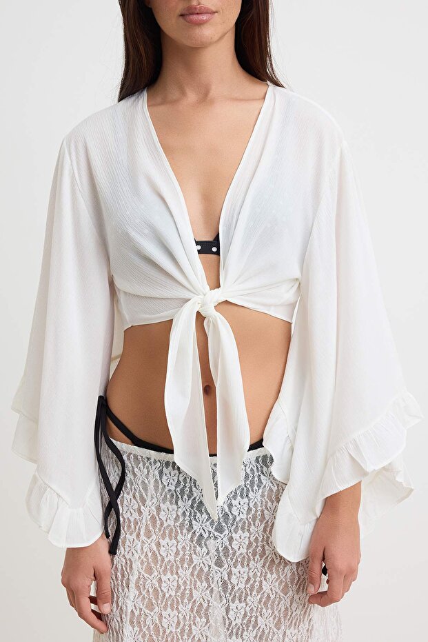 Ecru Ruffled Woven Beach Crop Top Blouse
