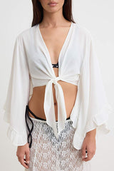 Ecru Ruffled Woven Beach Crop Top Blouse