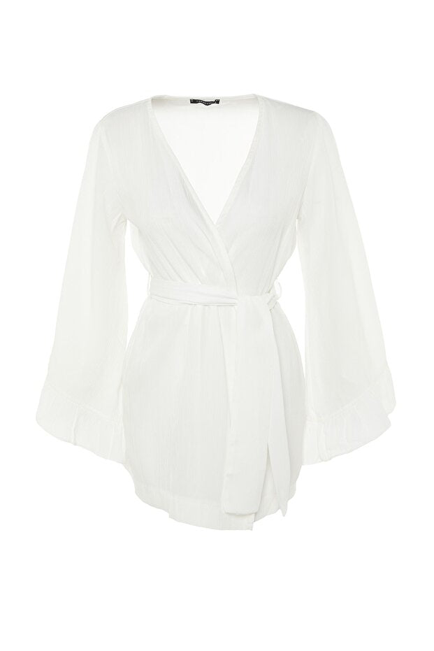 Ecru Woven Beach Mini Belted Kimono & Kaftan