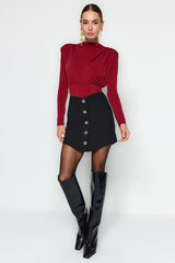 Burgundy Ruched Snap-Button Knit Bodysuit