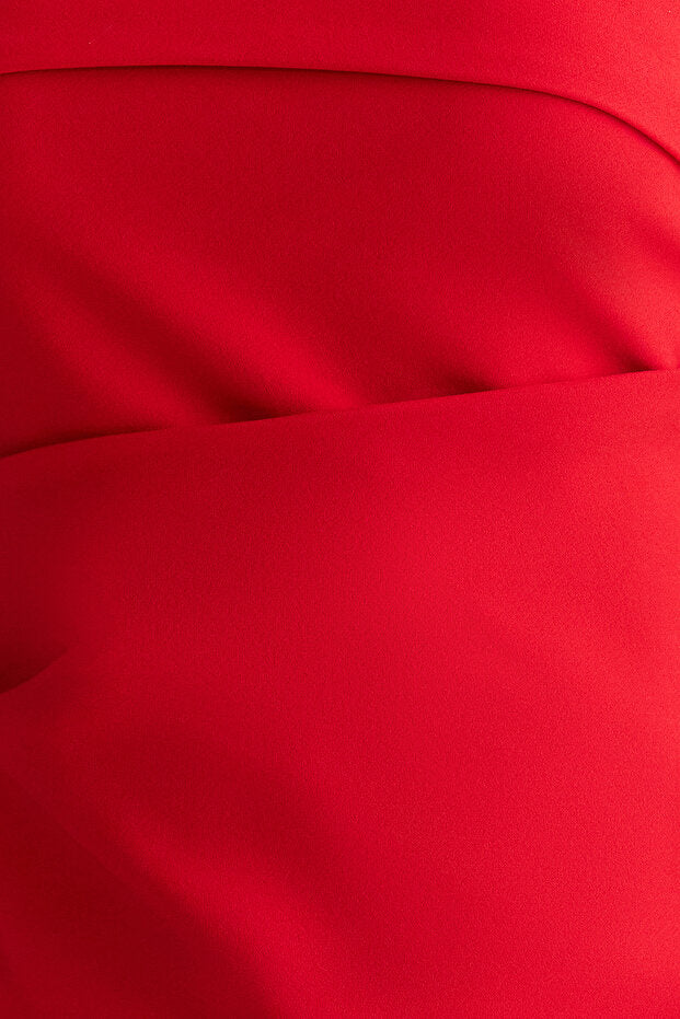 Red Strapless Fitted Draped Woven Blouse