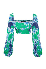 Floral Patterned Crop Woven Balloon Sleeve Beach