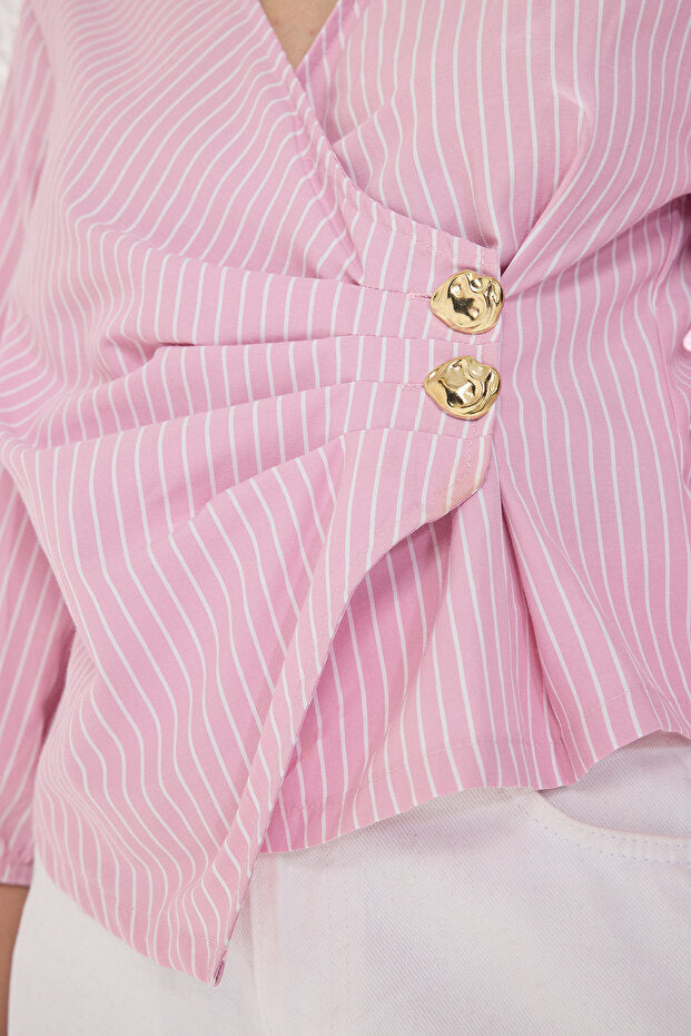 Pink Double-Breasted Striped Woven Blouse