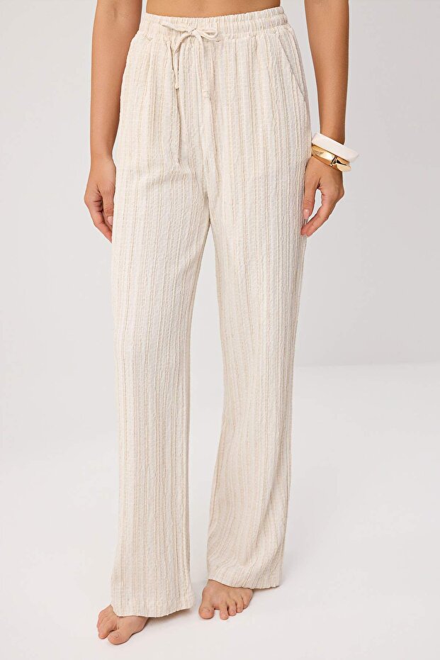 Ecru Textured Blouse and Pants Beach Set