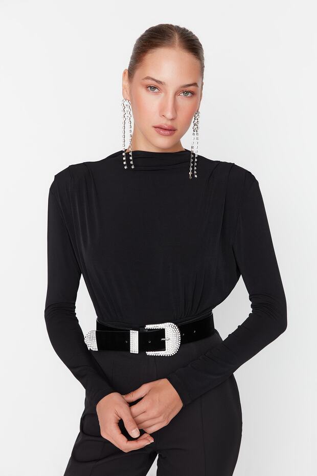 Black Draped Snap-Fastening Knitted Bodysuit