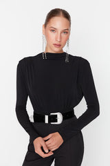 Black Draped Snap-Fastening Knitted Bodysuit
