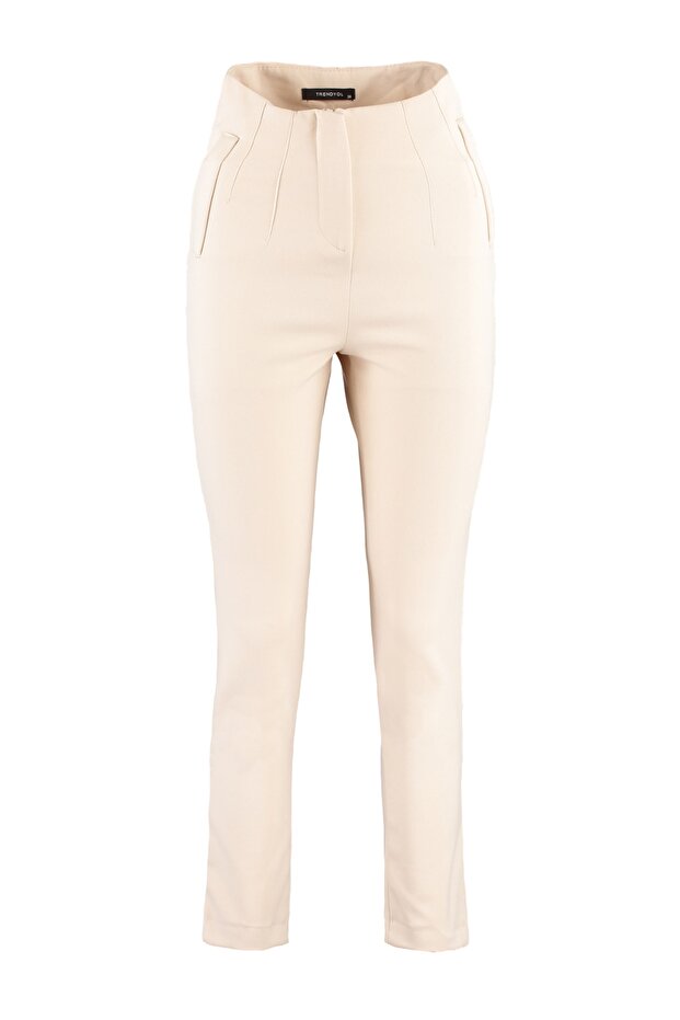 Beige Cigarette-Fit Pleated High-Waisted Ankle-Length Woven Pants