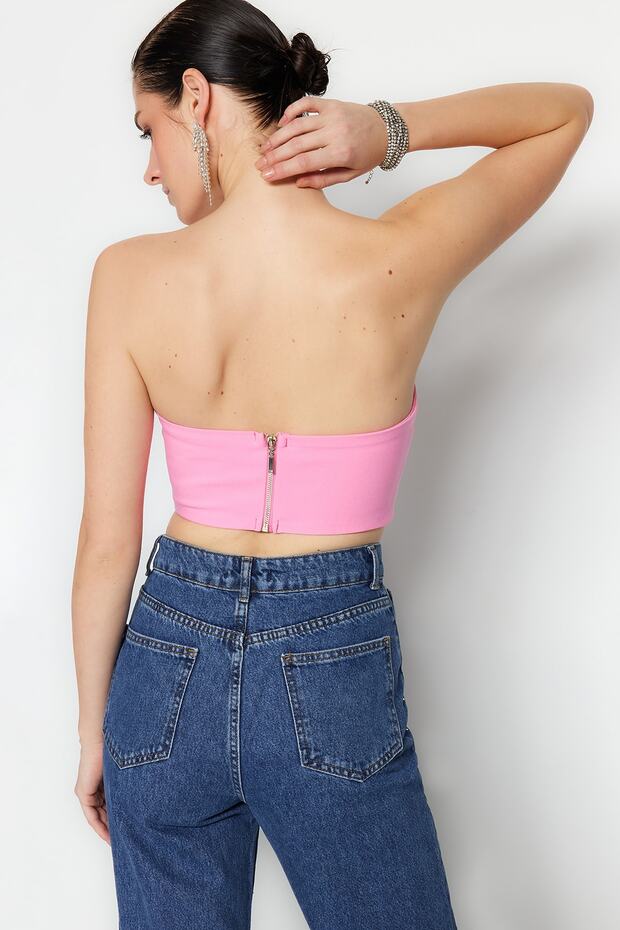 Pink K Crop Corset Detail Woven Bustier