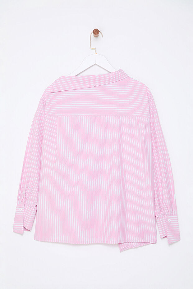 Pink-Collar Striped Woven Shirt with Detailed Design