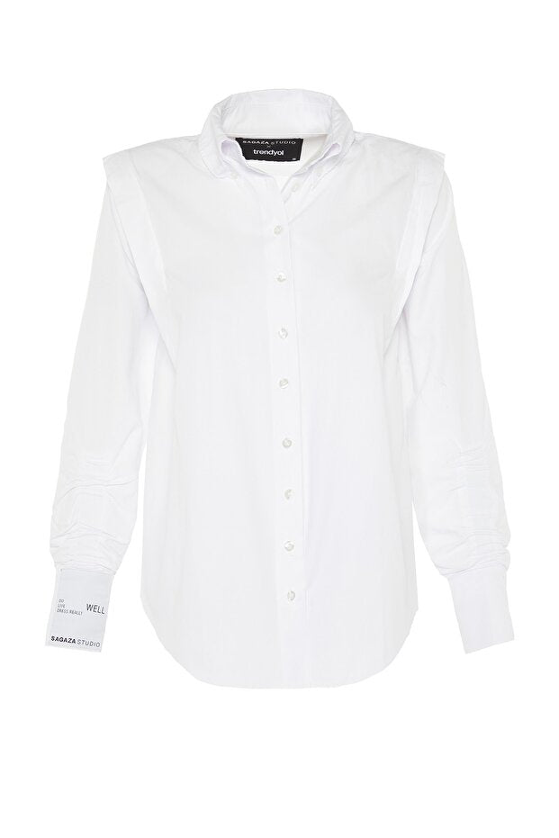 White Woven Poplin Shirt with Gathered Details