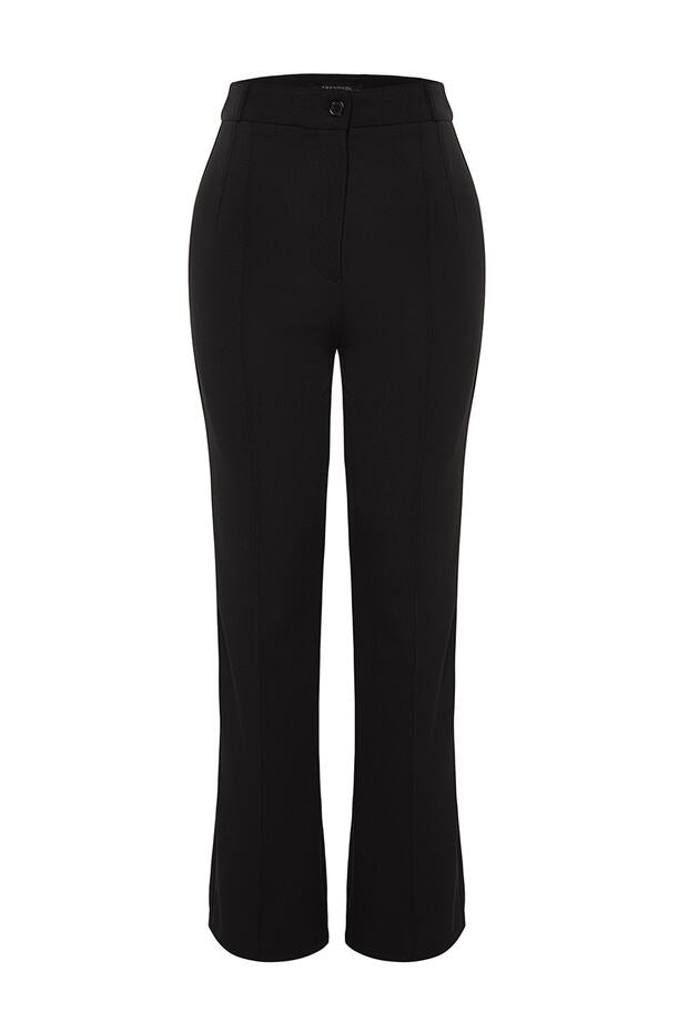 Black Straight-Leg High-Waisted Ribbed-Stitch Woven Pants