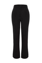 Black Straight-Leg High-Waisted Ribbed-Stitch Woven Pants