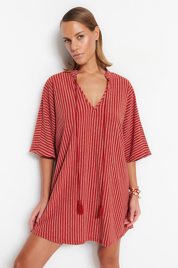 Striped Knitted Tassel Beach Mini Dress