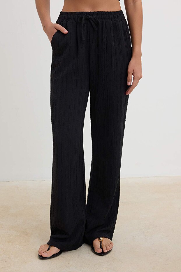 Black Textured Blouse and Pants Beach Set