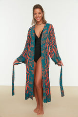 Zebra Print Woven Maxi Beach Belted Kimono & Kaftan