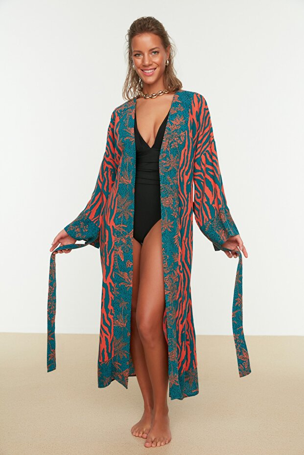 Zebra Print Woven Maxi Beach Belted Kimono & Kaftan