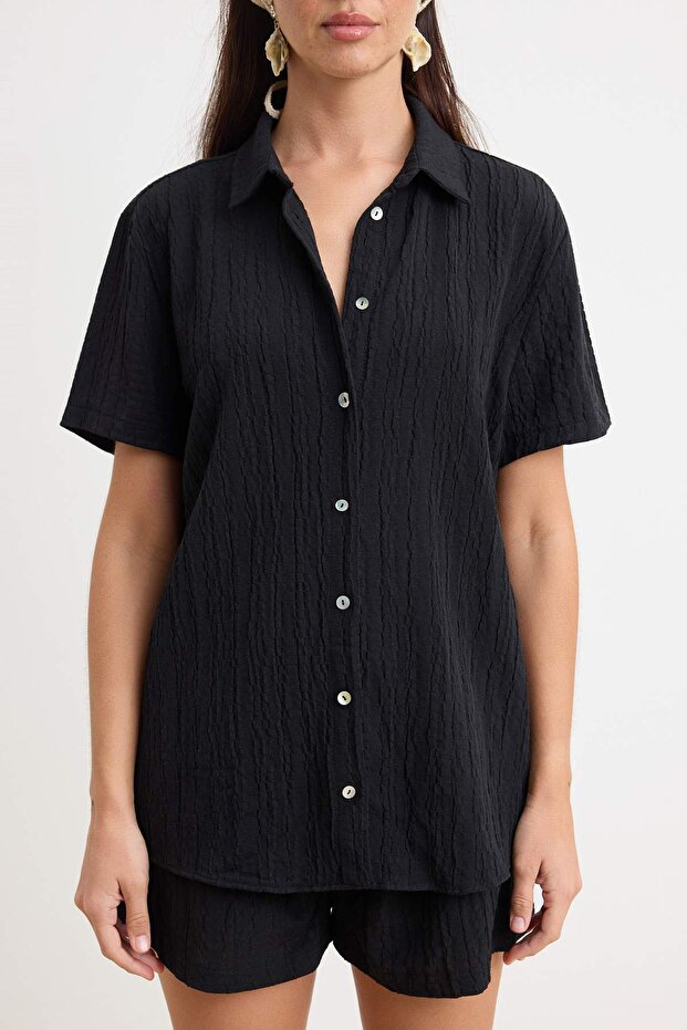 Black Woven Beach Shirt-Shorts Set