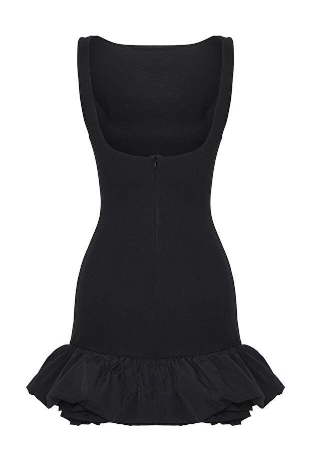 Black Balloon Skirt with Detailed Design Lined with Shorts Woven Short Evening Gown for Graduation