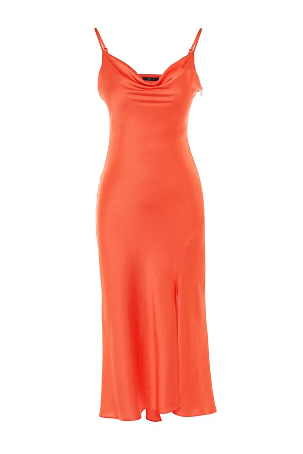 Orange Lined Woven Satin Evening Dress
