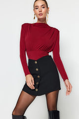Burgundy Ruched Snap-Button Knit Bodysuit