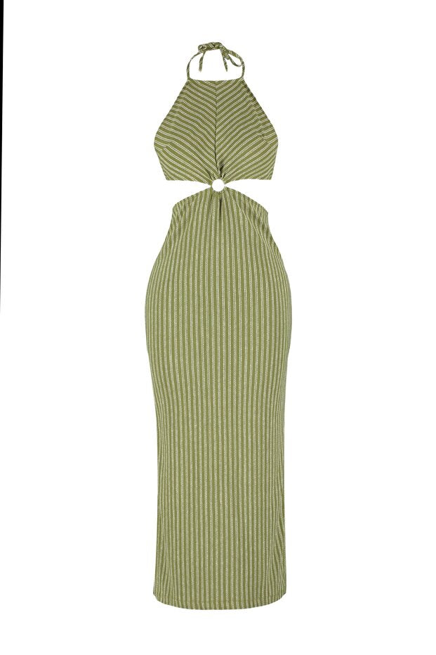 Striped Knitted Accessory Detailed Beach Midi Dress