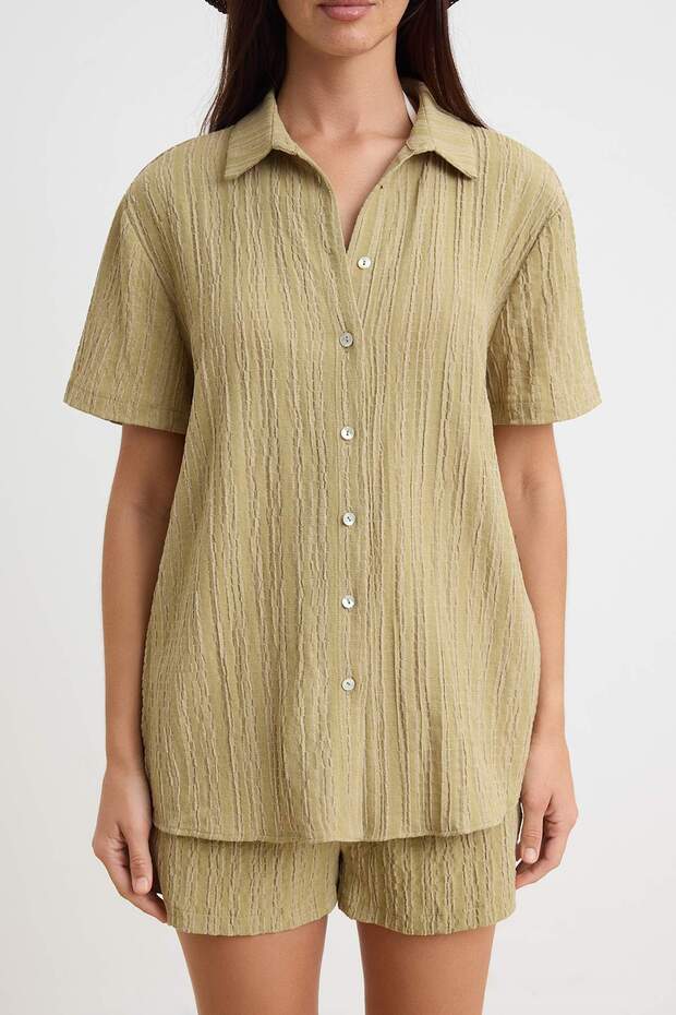 Green Woven Beach Shirt-Shorts Set