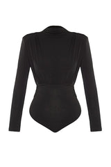 Black Draped Snap-Fastening Knitted Bodysuit