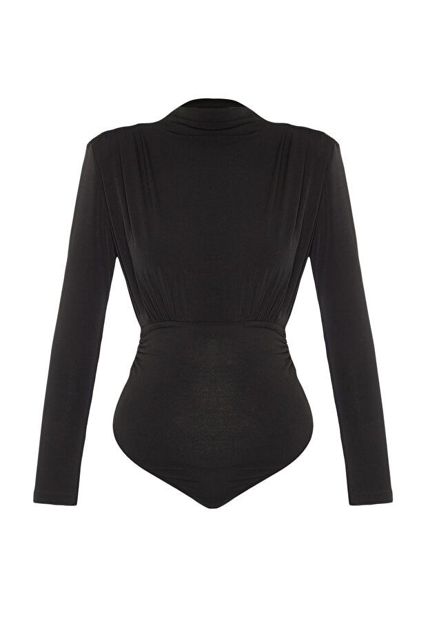 Black Draped Snap-Fastening Knitted Bodysuit