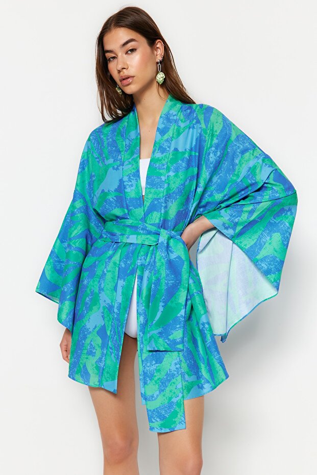 Abstract-Patterned Woven Beach Kimono & Kaftan with Mini Sash