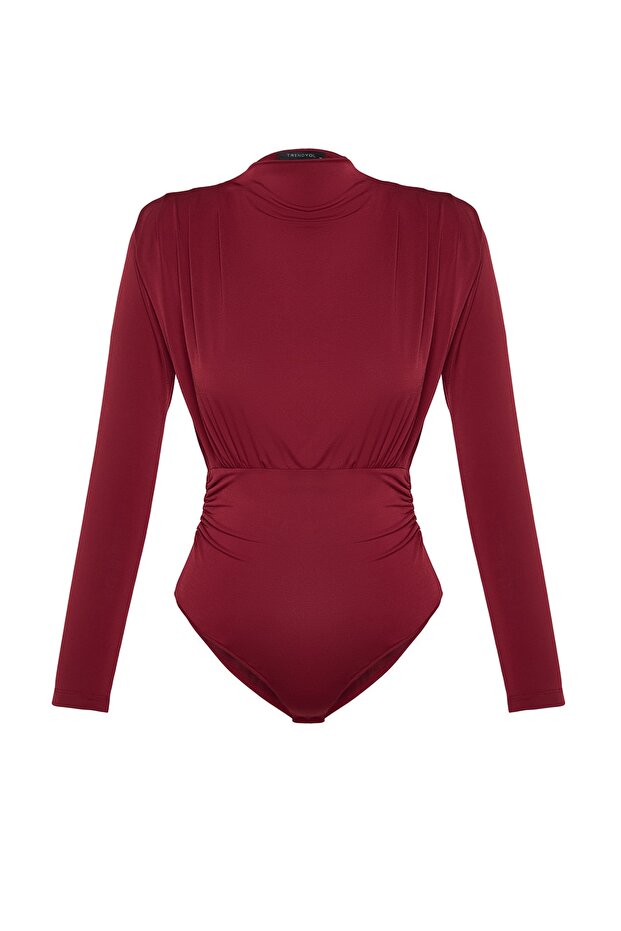 Burgundy Ruched Snap-Button Knit Bodysuit