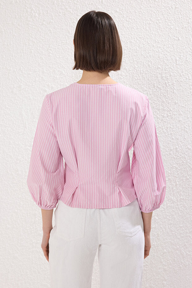 Pink Double-Breasted Striped Woven Blouse