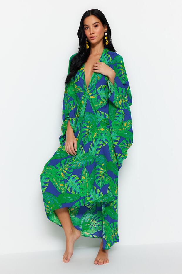 Tropical Patterned Wide Fit Maxi Woven Shirred Beach Dress
