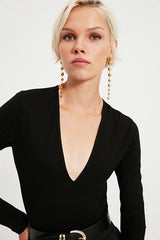 Black Deep V-Neck Knitted Bodysuit with Snaps