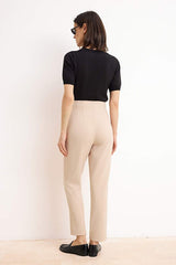 Beige Cigarette-Fit Pleated High-Waisted Ankle-Length Woven Pants