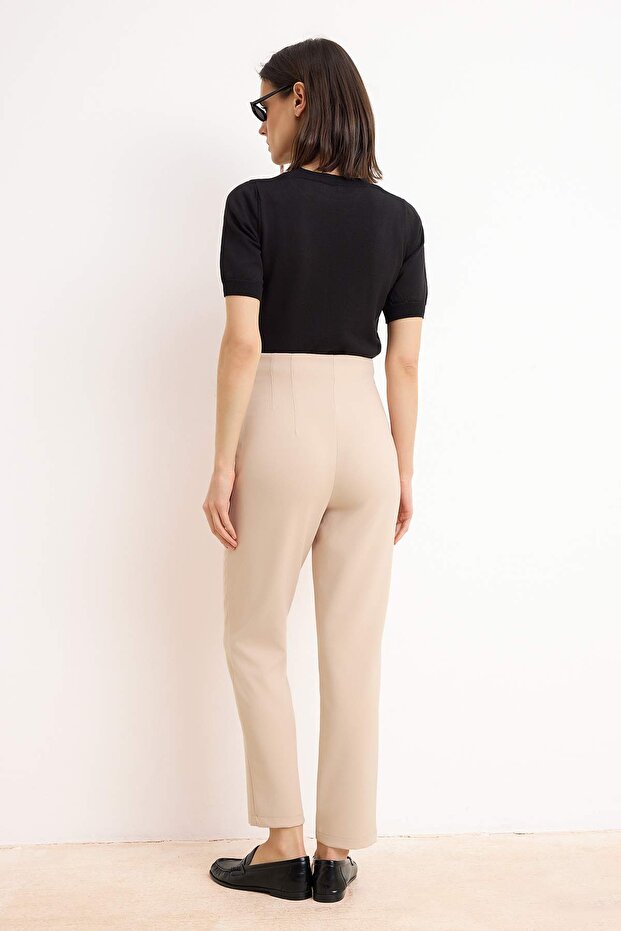 Beige Cigarette-Fit Pleated High-Waisted Ankle-Length Woven Pants