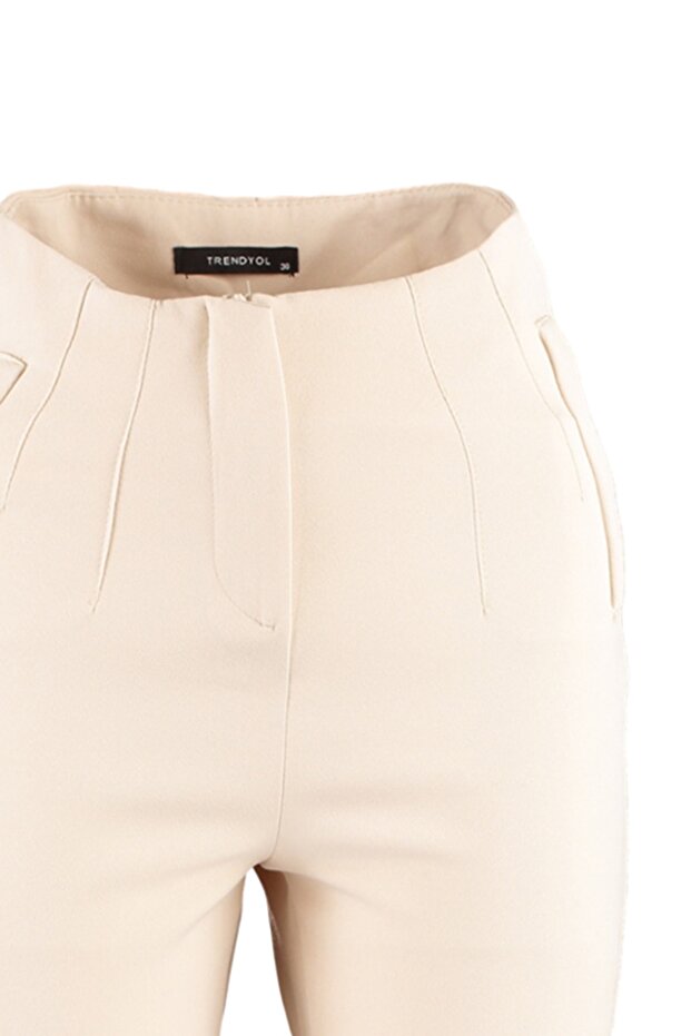 Beige Cigarette-Fit Pleated High-Waisted Ankle-Length Woven Pants