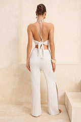 Ecru Woven Linen-Blend Blouse and Pants Beach Set