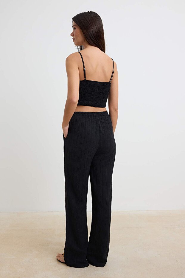 Black Textured Blouse and Pants Beach Set