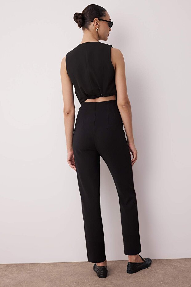 Black Cigarette-Fit Pleated High-Waisted Ankle-Length Woven Pants