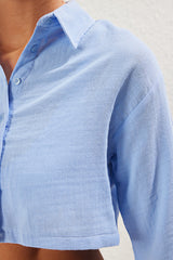 Blue 100% Cotton Woven Beach Crop Shirt
