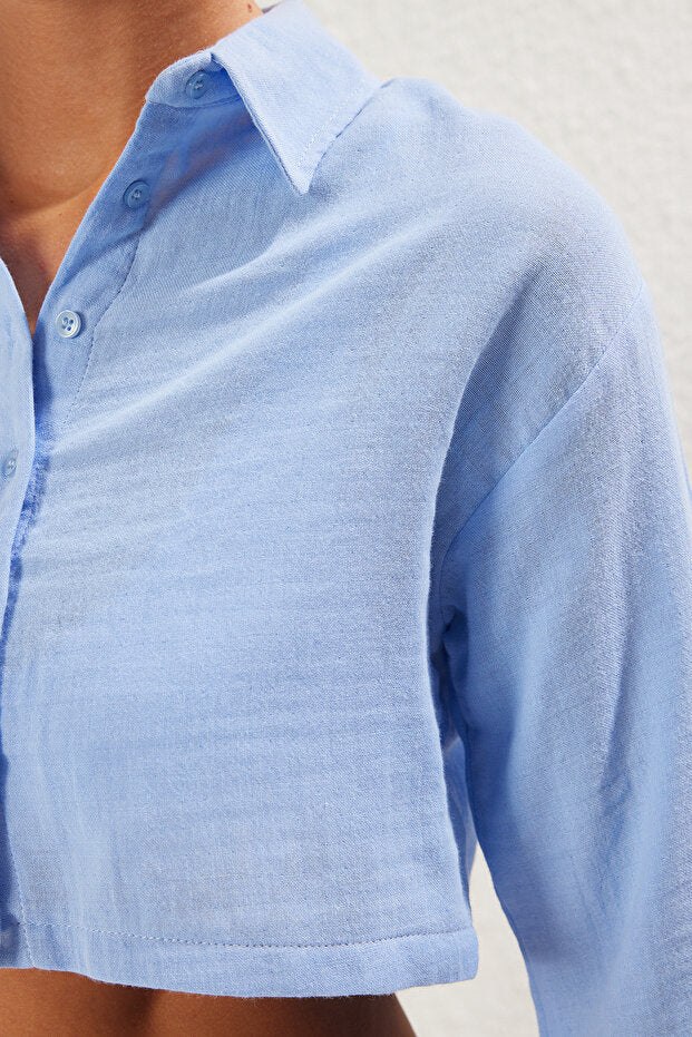 Blue 100% Cotton Woven Beach Crop Shirt