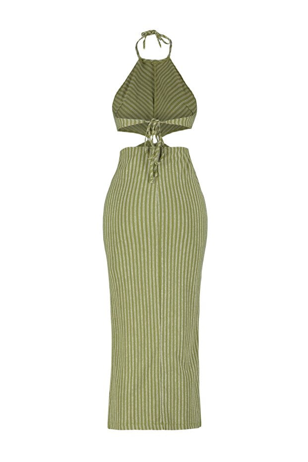 Striped Knitted Accessory Detailed Beach Midi Dress