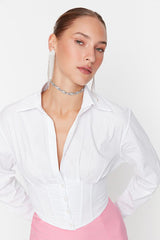 Ecru Crop-Top Woven Poplin Shirt with Lined Corset Detail