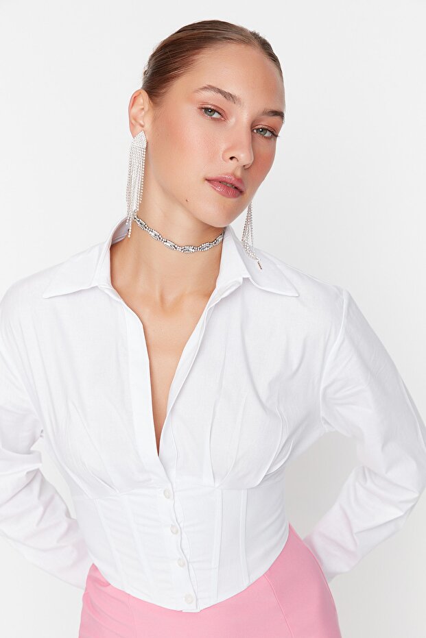 Ecru Crop-Top Woven Poplin Shirt with Lined Corset Detail