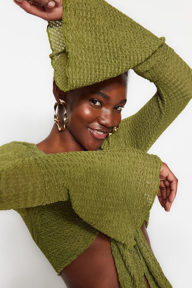 Green Woven Ruffle Beach Blouse and Skirt Set