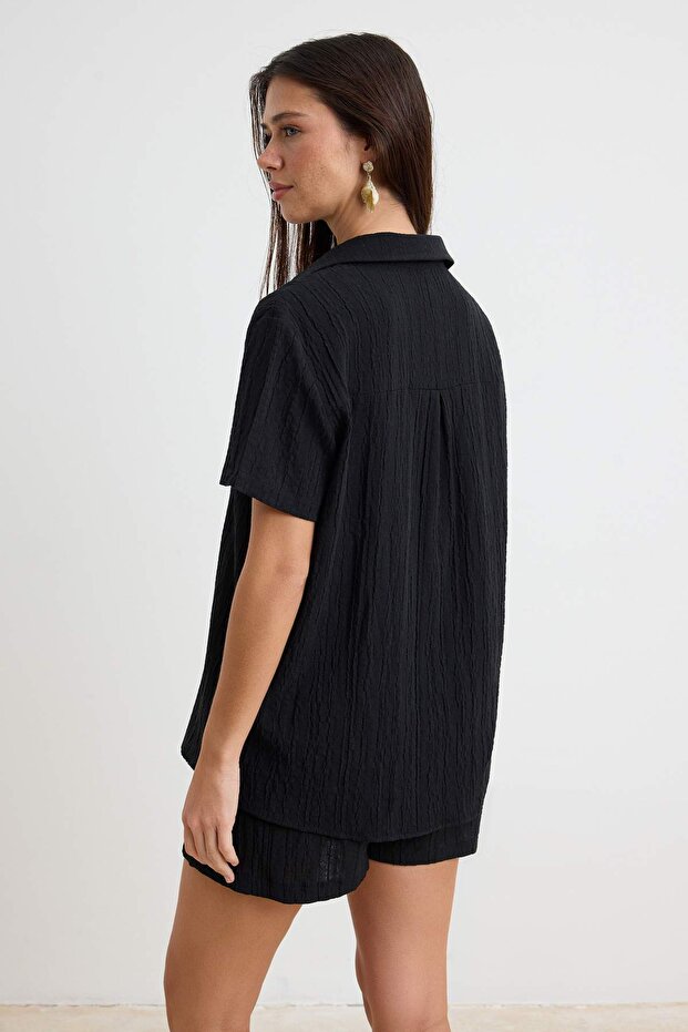 Black Woven Beach Shirt-Shorts Set